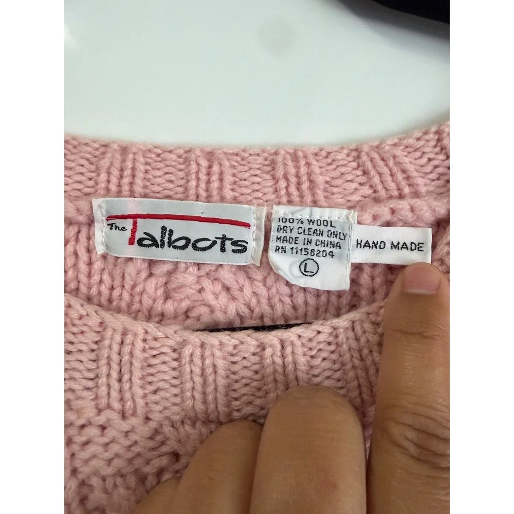 Talbots Vintage Pink Handmade 100% Wool Cable Knit Sweater Button Shoulder Large